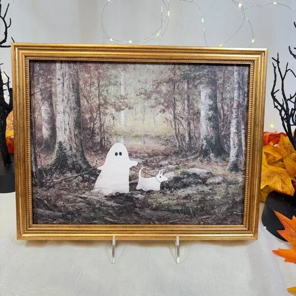 Halloween Ghost Walk Ghost Dog In the Woods Wall Art Gold Frame Viral TikTok - Picture 2 of 7